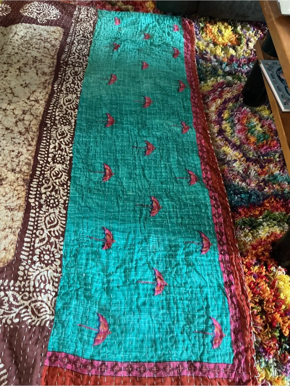 Tantha Handcrafted Patchwork Quilt Throw in Teal, Red, Brown and Cream